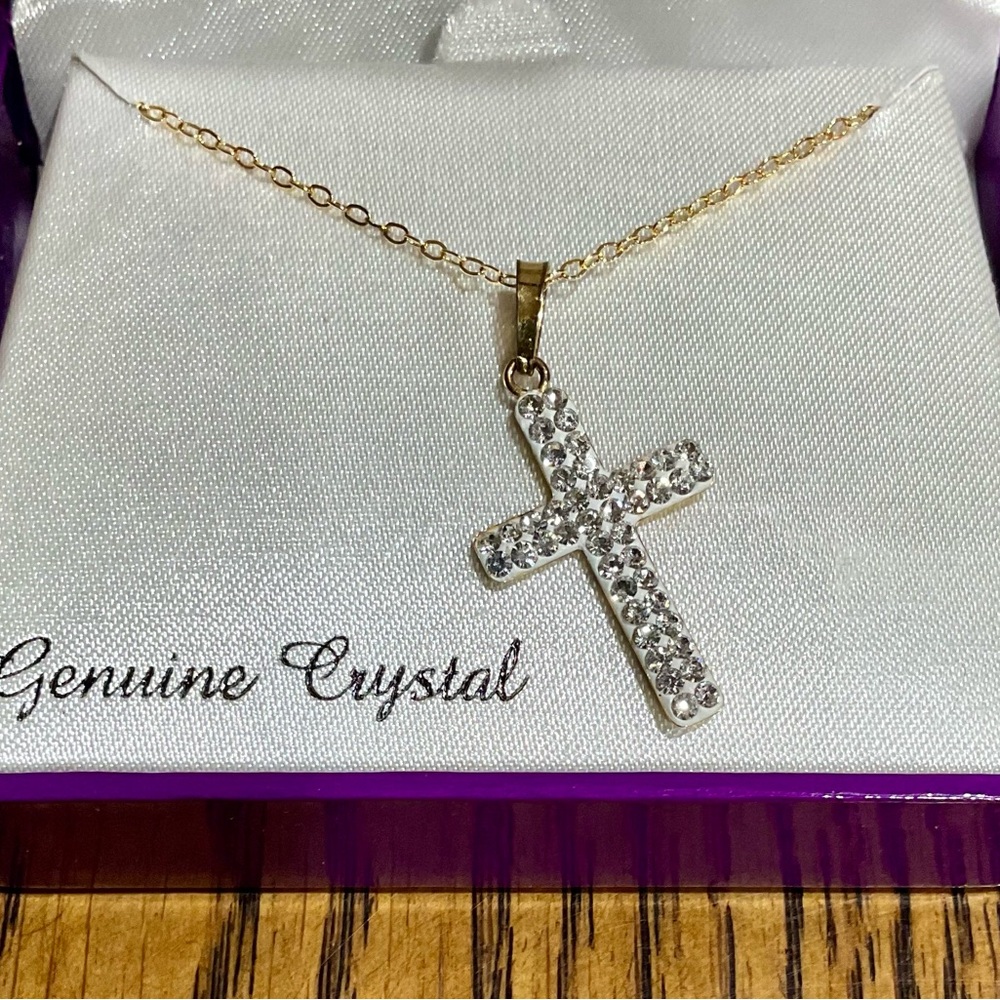 Crystal studded cross pendant on delicate necklace in pretty purple case w bow